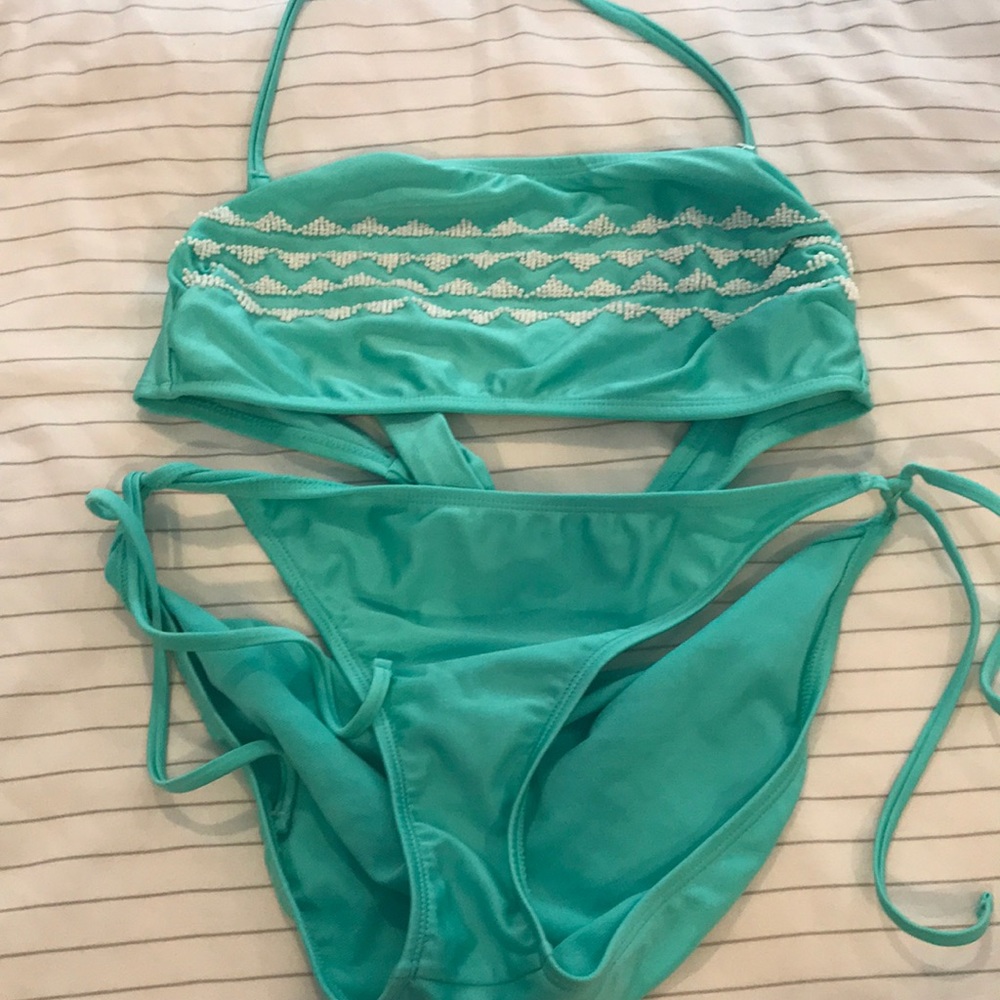 Turquoise bikini w/ white beaded top